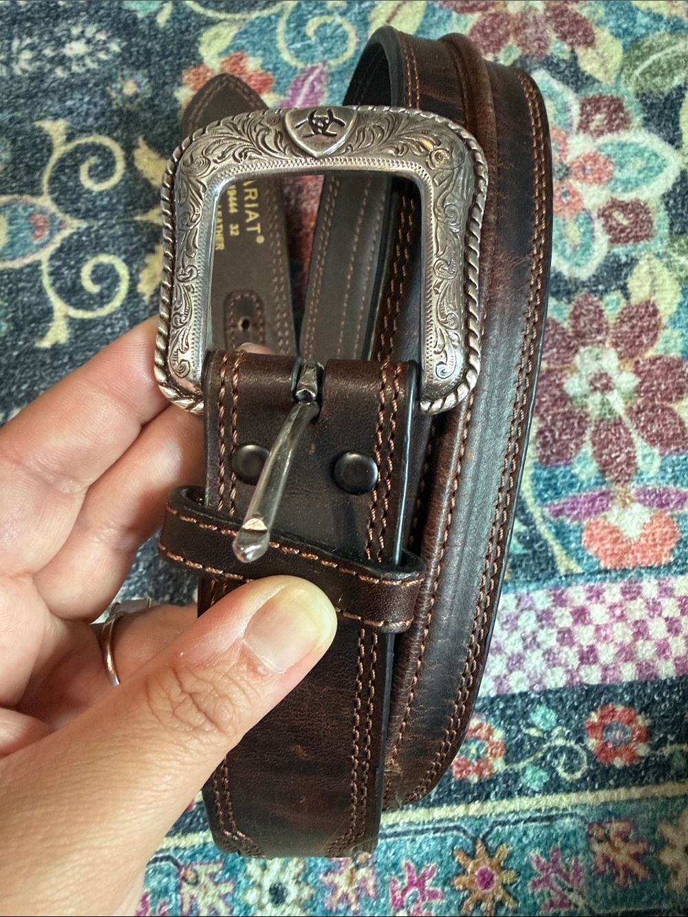 Ariat dark brown western leather belt size 32 genuine leather made in Taiwan